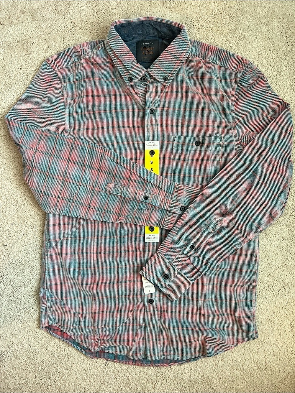 Copper & Oak Mens Teal Coral Plaid Corduroy Button Down Shirt Small NWT